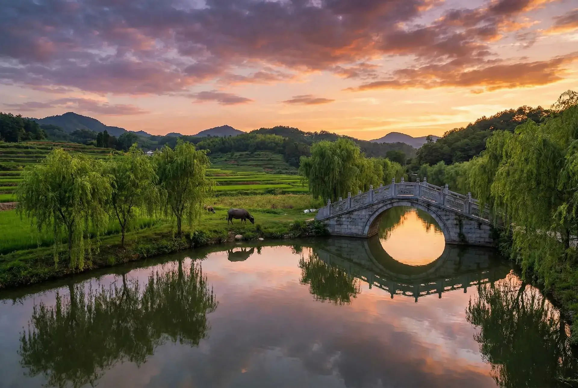 夕阳下的石拱桥与垂柳，水牛在河边吃草 - 摔死柯基 乡村美景